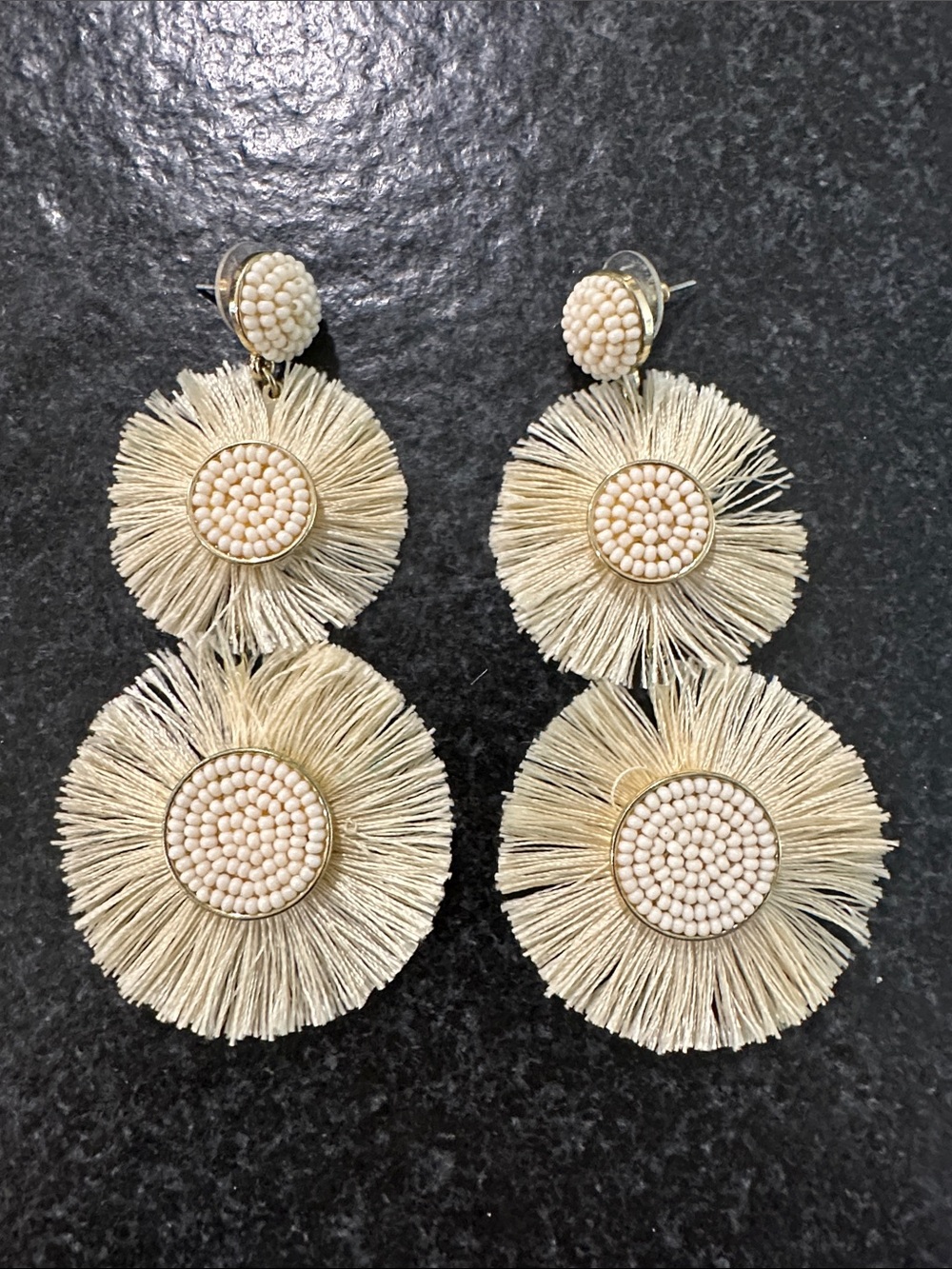 Beaded Raffia Double-Disk Drop Earrings - Cream
